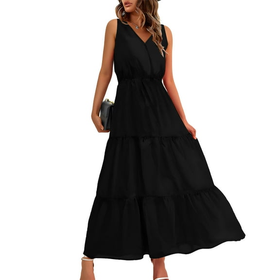 Cagogo Ladies Casual Loose Sleeveless Petite Dresses Under $10 Summer V Neck Plain Tiered Swing Aline Flowy Maxi Long Sun Dress Boho White Evening Dress