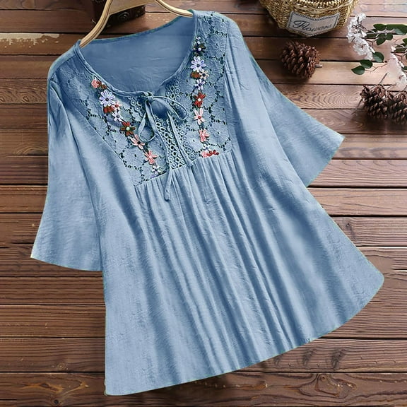 Cagogo Ladies Dressy Casual Short Sleeve Tshirt Under $5 Summer Tops V Neck Tie Front Lace Patchwork Linen Tshirts Peasant Black Blouses Clothes Mother's Day Gifts