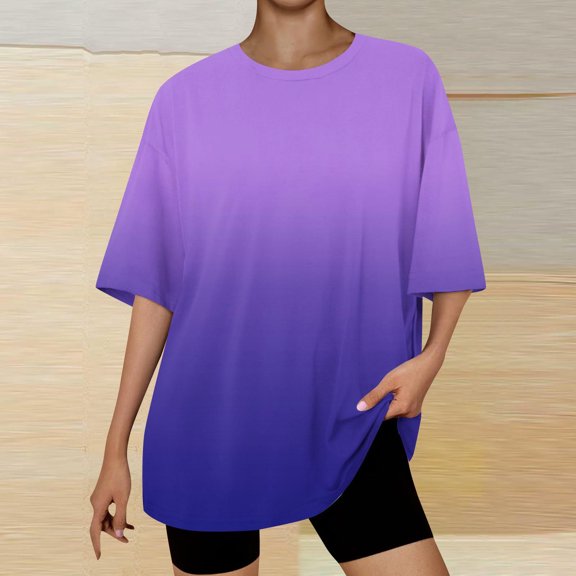 Cagogo Ladies Tshirts Shirts Summer Tops Under $5 Plus Size Crew Neck Short Sleeve Oversized Gradient Color Ombre Tee Shirts Cute Green Tunics Outfits Mothers Day Gifts