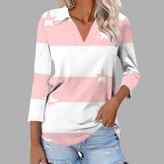 Cagogo Ladies Tunic Tops Summer Under $5 Dressy Casual V Neck Collared 3/4 Sleeves Color Block T-Shirts 2025 Vacation Blouses Clothes Graduation Gifts for Her