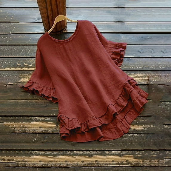 Cagogo Loose Fit Short Sleeve Ruffle Tunic Tops for Womens Under $5 Summer Linen Cotton Round Neck Flowy Shirts Holiday Beach White Clothing Birthday Gift