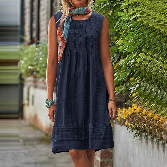 Cagogo Petite Dresses for Women Summer Under $5 Plus Size Crew Neck Cap Sleeve Pleated Aline Tunic Cotton Linen Midi Dresses Sexy Black Church Dress Mother's Day Gifts