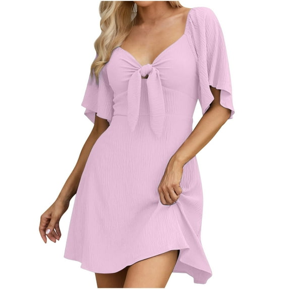 Cagogo Plus Size Short Sleeve Beach Dresses for Womens Under $5 Summer Bow Tie V Neck High Waist A-Line Flowy Short Mini Sun Dresses Trendy Outfits Evening Dress