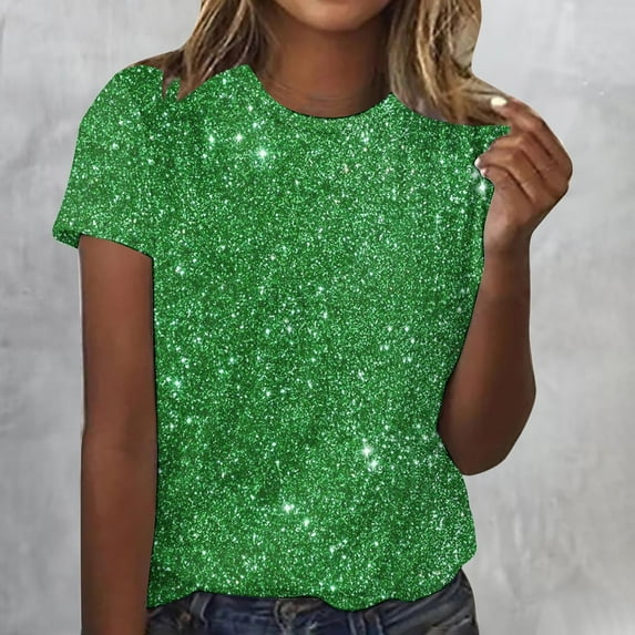 Cagogo Plus Size Short Sleeve Tops for Women Under $5 Summer Crew Neck Sequin Printed Tshirt Peasant T-Shirts Clothes Mothers Day Gifts for Wife