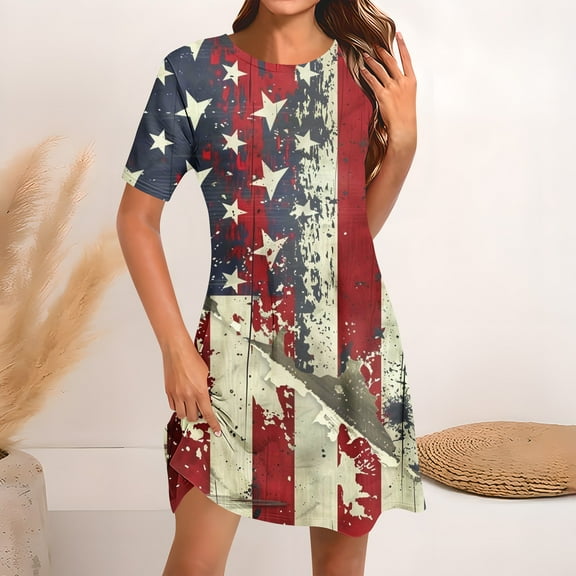 Cagogo Summer American Flag 4th of July Midi Sun Dresses for Womens Wedding Guest Dresses Plus Size Fourth of July Patriotic Short Sleeve Cute White Church Dress