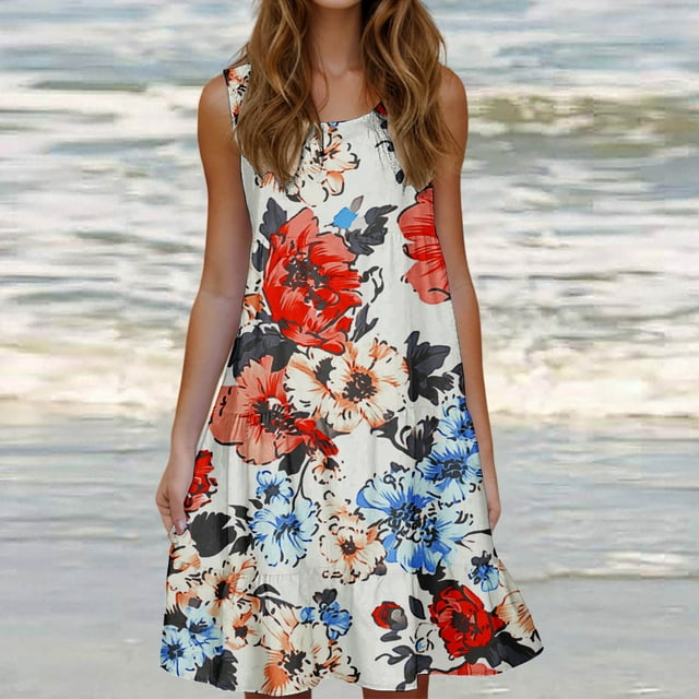 Fashion Flash Deals Cagogo Summer Casual Plus Size Sun Dress for Womens Round Neck Aline Swing