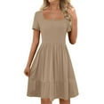 thumbnail image 1 of Cagogo Summer Flowy Midi Sundresses for Women Under $10 Plus Size Short Sleeve Square Neck Knee Length Beach Dresses A Line Swing Pleated Boho White Church Dress, 1 of 6