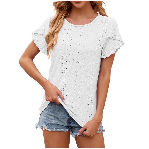 Cagogo Summer Tshirt for Womens Under $5 Plus Size Petal Short Sleeve Eyelet Embroidery Tops Crew Neck Trendy Summer White Tees Clothes Graduation Gifts for Her