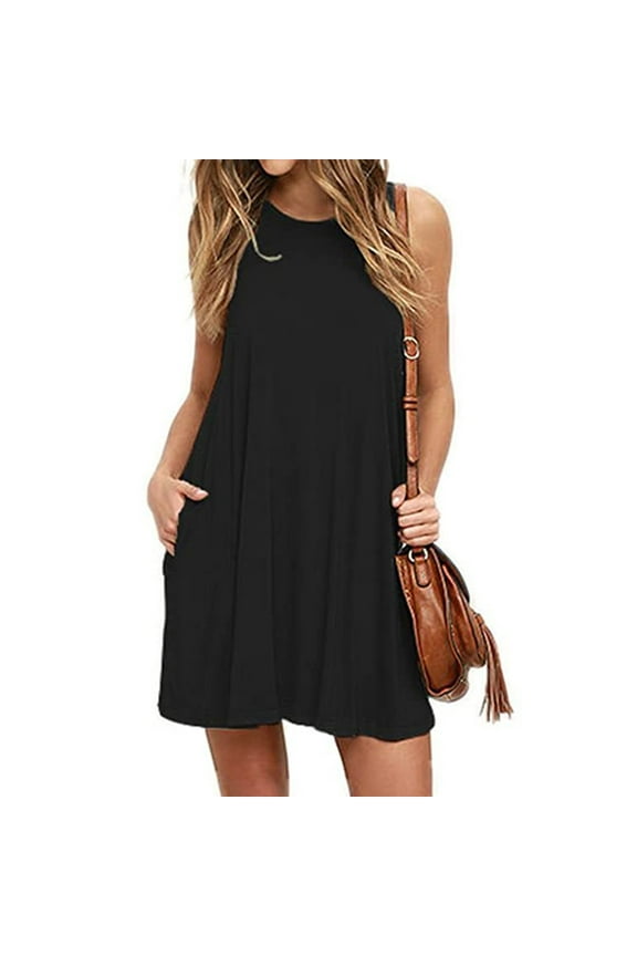 Wedding Guest Dress for Womens Summer Spring Under $10 Casual Crewneck Sleeveless Flowy Pocket Swing Tshirt Tank Midi Dresses Sexy Black Work Dresses