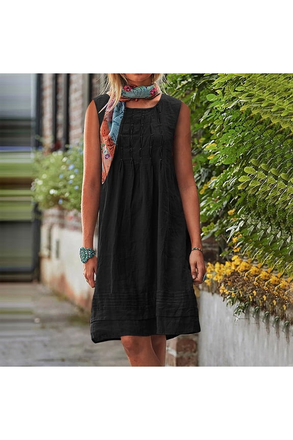 Women Beach Party Dress Summer Under $5 Casual 2025 Crew Neck Cap Sleeve Pleated Aline Tunic Cotton Linen Midi Dress Boho White Dresses Clothes Mothers Day Gifts