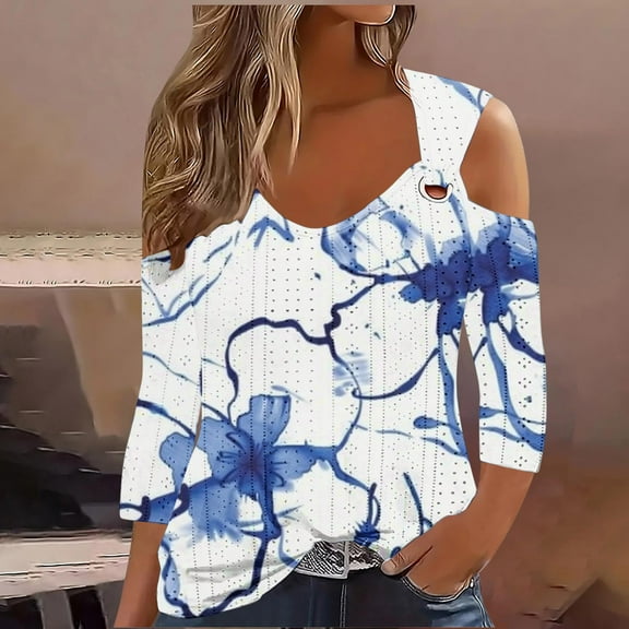 Cagogo Women Blouses Summer Tops Under $5 Loose Fit Floral Print Boho Short Sleeve Eyelet Cold Shoulder Round Neck Tunic Tops for Leggings Peasant White T Shirts Clothes