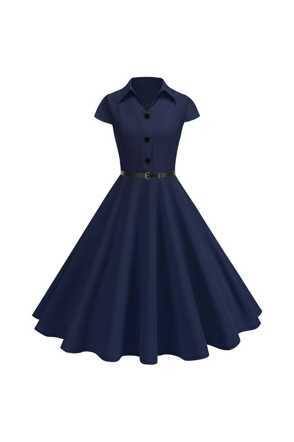 Women Lapel Vintage Audrey Hepburn Style V-Neck Cocktail Swing Dress 50s 60s Button up 1950s Rockabilly Tea Party Prom Midi Evening Dress