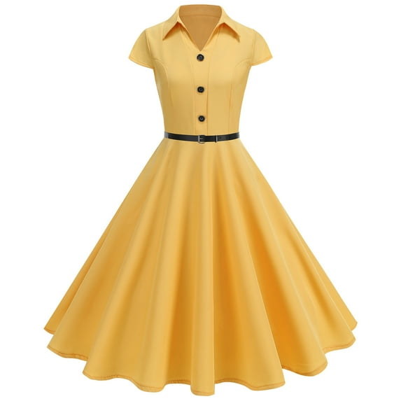 Cagogo Women Lapel Vintage Audrey Hepburn Style V-Neck Cocktail Swing Dress 50s 60s Button up 1950s Rockabilly Tea Party Prom Midi Evening Dress