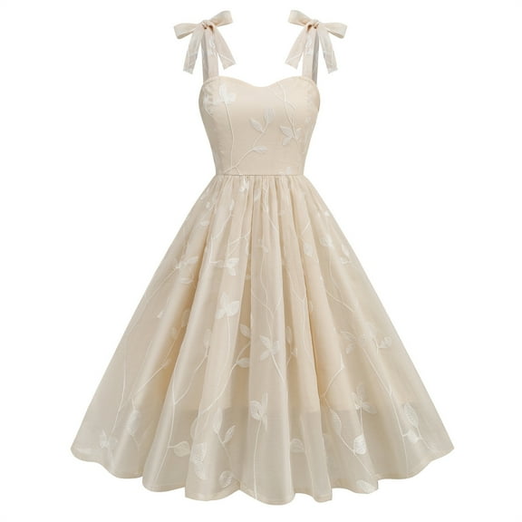 Cagogo Women Mesh Floral Embroidery Vintage Cocktail Swing Dress Sleeveless Tie Shoulder Embroidered Floral Dress Tulle Prom Homecoming Dress for Teens Junior