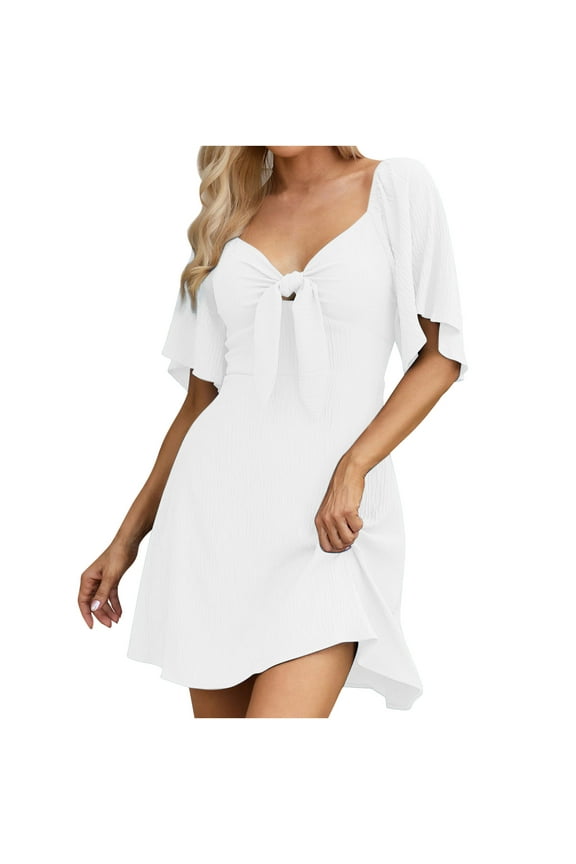 Women Plus Size High Waist A-Line Flowy Short Mini Sun Dress Under $10 Summer Spring Short Sleeve Party Dresses Bow Tie V Neck Sexy Black Dresses Clothes
