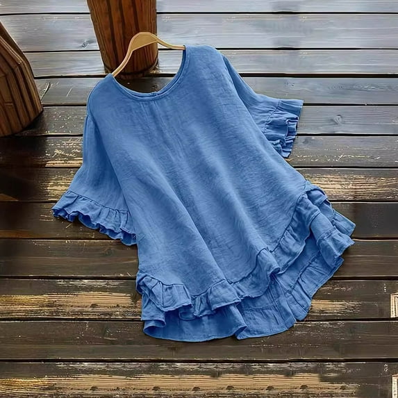 Cagogo Women Summer Short Sleeve Ruffle Linen Cotton Blouses Under $5 Loose Fit Round Neck Flowy Shirts Business Work Green Tops Mother Day Gifts