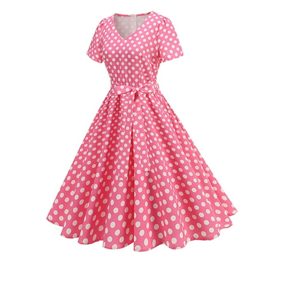 Cagogo Women Vintage Polka Dots Evening 950s Retro Rockabilly Prom Dress V Neck Short Sleeves Wedding Cocktail A Line Midi Gown