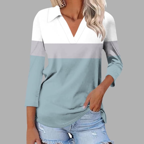 Cagogo Women's 3/4 Sleeves Shirts Summer Under $5 Casual V Neck Collared Color Block T-Shirts Business Work Tops Grandma Mothers Day Gift