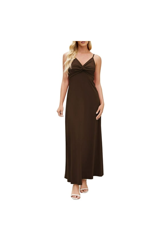 Women's Elegant V-Neck Spaghetti Straps Maxi Dress Plus Size Twist Front Sleeveless Evening Club Wedding Guest Formal Long Dress