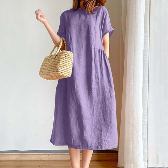 Cagogo Women's Summer Casual Loose Maxi Long Cotton Sundresses Short Sleeve Linen Flowy Swing Tunic Homecoming Dresses Crewneck Going Out White Vestidos Casuales Para Mujer