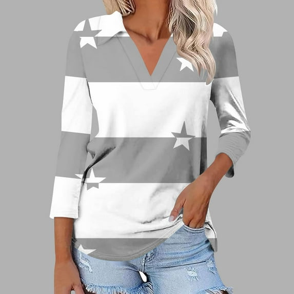 Cagogo Womens Plus Size 3/4 Sleeves Blouses Under $5 Summer Spring Tops V Neck Collared Color Block Shirts Night Out T Shirts Clothes Mother's Day Gifts