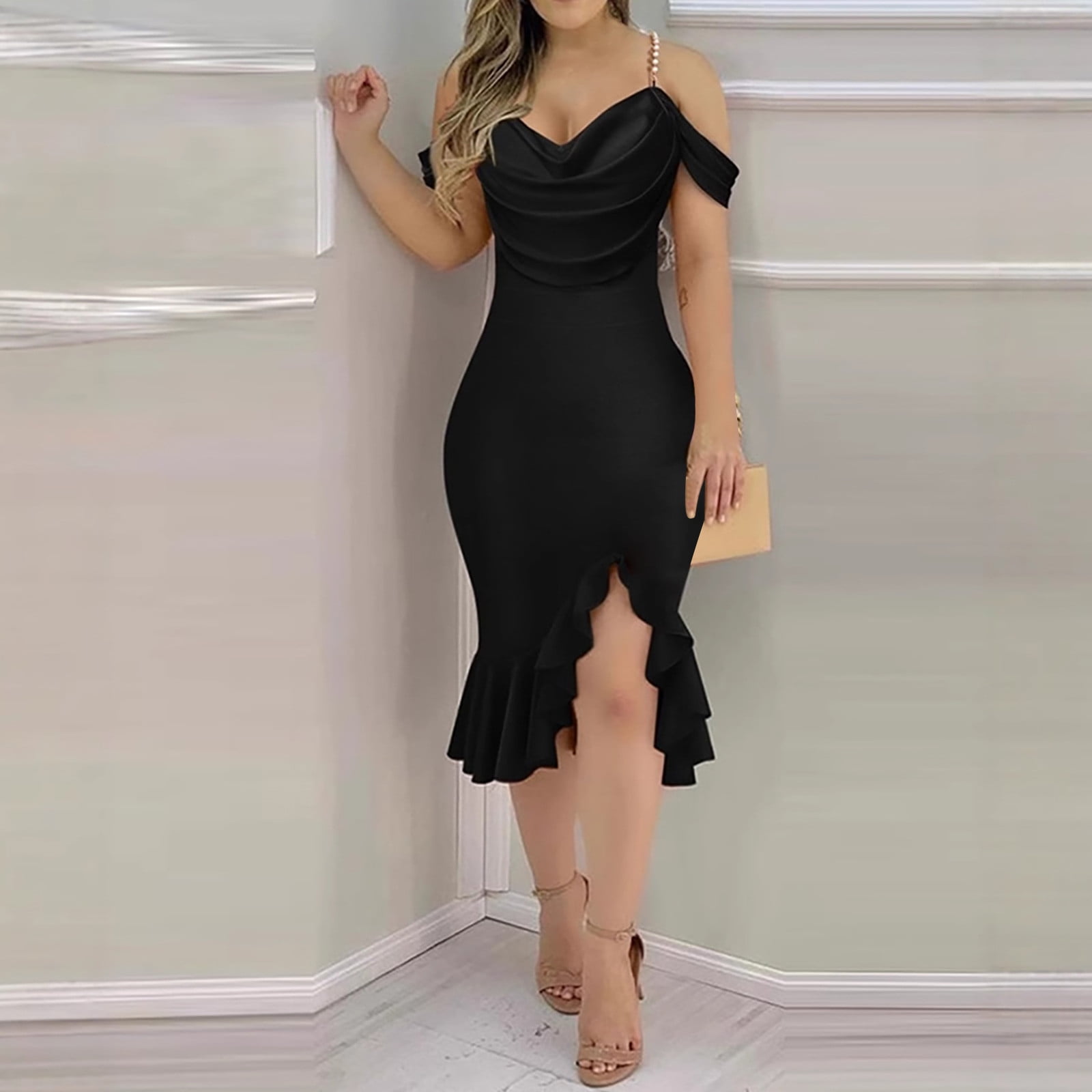 Cagogo Womens Sexy Bodycon Party Dress Elegant Off The Shoulder Pearls  Strap Midi Dress Irregular Ruffle Hem Cocktail Dresses - Walmart.com