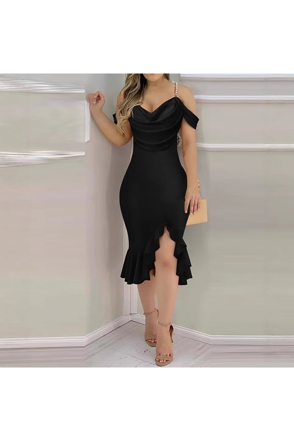 Womens Sexy Bodycon Party Dress Elegant Off The Shoulder Pearls Strap Midi Dress Irregular Ruffle Hem Cocktail Dresses