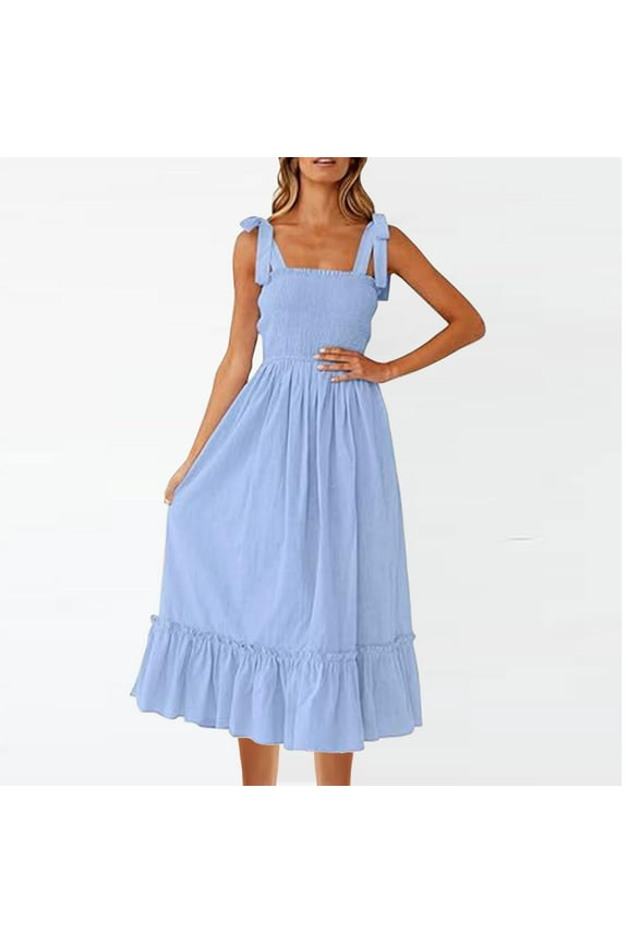 Womens Summer Spring Casual Long Maxi Pleated Dresses Sleeveless Tie Strap Smocked A-Line Flowy Tiered Petite Dresses Square Neck Going Out White Church Dress