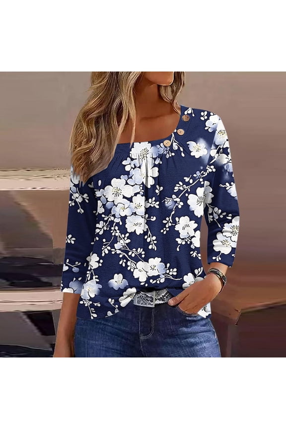 Womens Summer Tops Tee Shirts Under $5 Casual 3/4 Sleeves Asymmetrical Neck Button T Shirt Vintage Floral Trendy Summer Tunics Outfits Grandma Mothers Day Gift