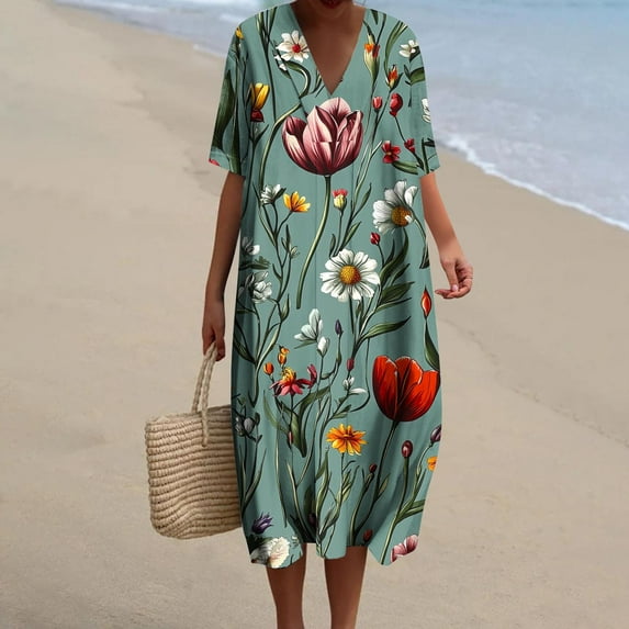 TOPUUTP Sun Dresses for Women 2025 Vacation Clearance Under $10 Summer Short Sleeve Floral Print Tunic Midi Dresses Flowy V Neck Loose Beach Party Dress Army Green 4XL