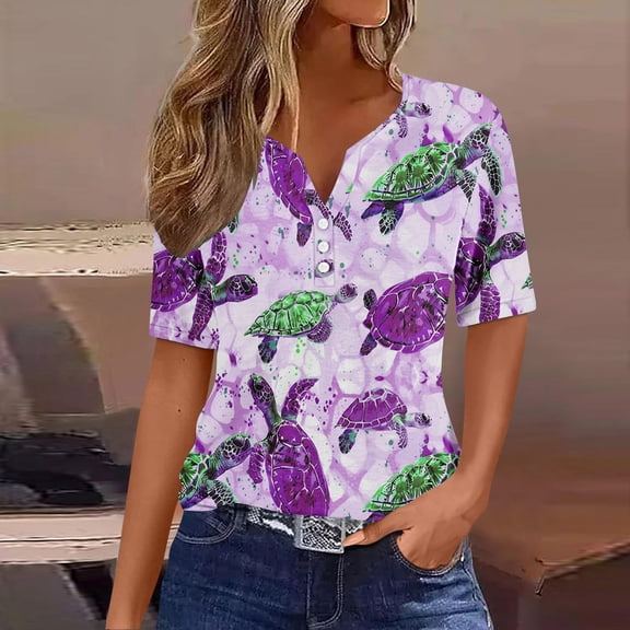 Xqxayjr Casual Tee Shirts for Womens Under $5 Summer Tops Sea Turtle Printed Short Sleeve T-Shirts V-Neck Button Up Trendy Summer Shirts Mothers Day Gifts for Mom