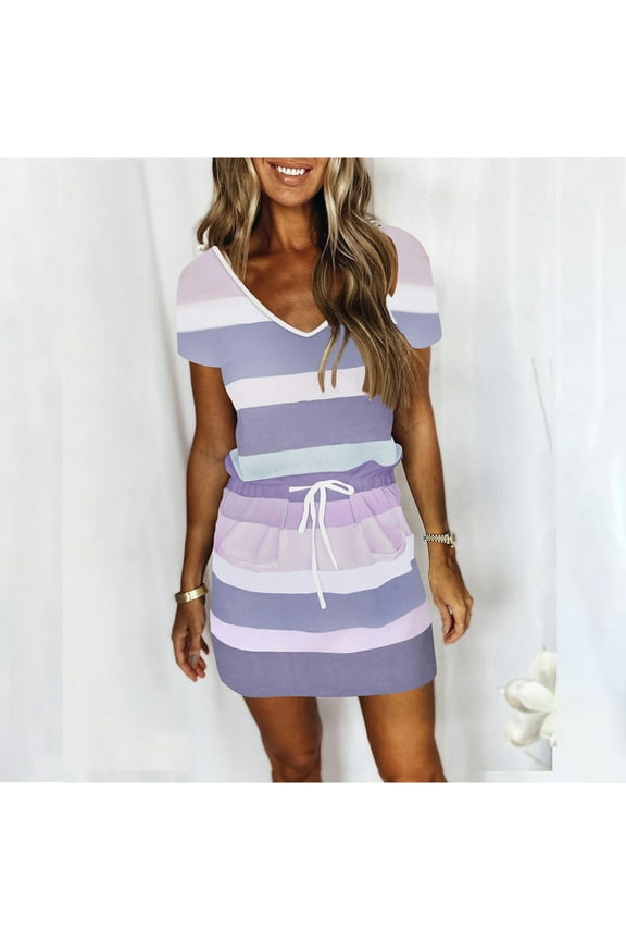 Summer Plus Size Short Mini T Shirt Sundresses for Women Under $10 Short Sleeve Striped Drawstring Knee Length Homecoming Dresses V Neck Cute Spring Work Dresses