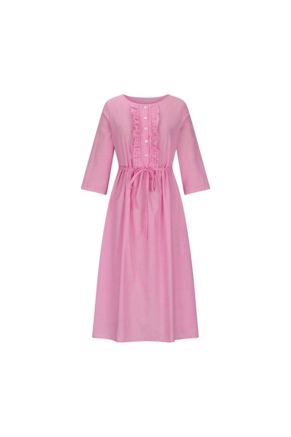 Summer Short Sleeve Beach Dress for Womens Under $5 Casual Vintage Cotton Linen Pleated Flowy Midi Dresses Round Neck Trendy Spring Church Dress Graduation Gifts