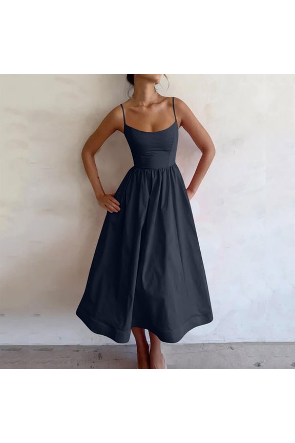 Summer Spaghetti Strap Homecoming Dresses for Womens Casual High Waist Aline Swing Maxi Long Swing Pleated Dresses Scoop Neck Trendy Outfits Bridal Shower Dresses