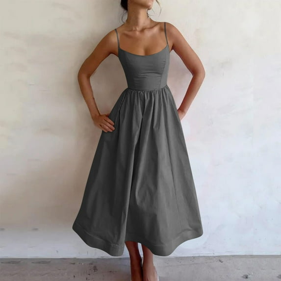 Xqxayjr Summer Spaghetti Strap Homecoming Dresses for Womens Casual High Waist Aline Swing Maxi Long Swing Pleated Dresses Scoop Neck Trendy Outfits Bridal Shower Dresses