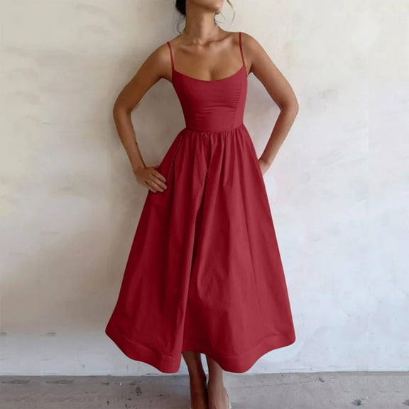 Xqxayjr Summer Spaghetti Strap Homecoming Dresses for Womens Casual High Waist Aline Swing Maxi Long Swing Pleated Dresses Scoop Neck Trendy Outfits Bridal Shower Dresses