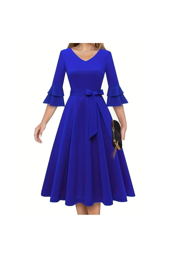 Women 1950s Vintage Ruffle 3/4 Sleeve Retro Swing A Line Midi Summer Dress Cocktail Party Evening Prom Gown Tea Party Dresses