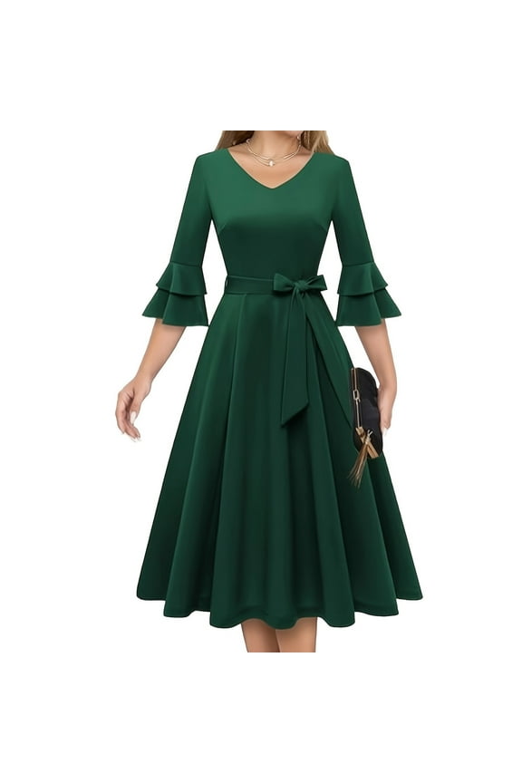 Women 1950s Vintage Ruffle 3/4 Sleeve Retro Swing A Line Midi Summer Dress Cocktail Party Evening Prom Gown Tea Party Dresses