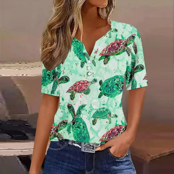 Xqxayjr Women Casual Tops Under $10 Summer Sea Turtle Printed Short Sleeve Shirts V-Neck Button Up Going Out Blouses Mothers Day Gifts for Wife
