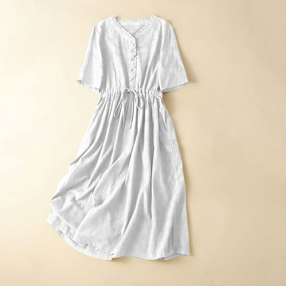 Xqxayjr Women Summer Maxi Long Sun Dress Casual Loose Short Sleeve Cotton Linen Button Up V Neck Homecoming Dresses Drawstring Flowy Sexy Black Vestidos Casuales Para Mujer