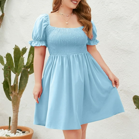 Xqxayjr Women Summer Spring Puff Short Sleeve Wedding Guest Dress Casual Loose Aline Swing Flowy Short Mini Smocked Sun Dresses Square Neck Boho White Formal Dresses