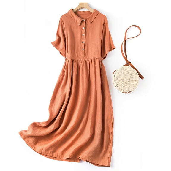 Xqxayjr Women's Summer Short Sleeve Shirt Dresses Under $10 Plus Size Vintage Cotton Linen Pleated Flowy Midi Sun Dress Round Neck Holiday Cocktail Dresses