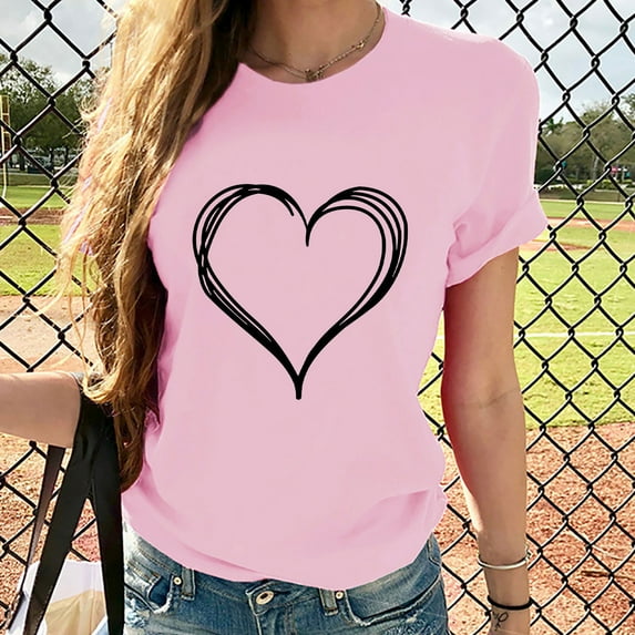 Xqxayjr Women's Summer Tops Tshirt Under $5 Dressy Casual Short Sleeve Shirt Love Heart Graphic Print Basic Crew Neck Going Out Blouses Mothers Day Gifts for Wife