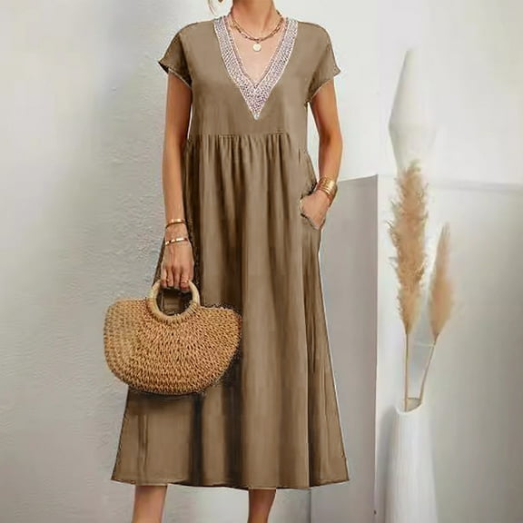 Xqxayjr Womens Casual Loose Short Sleeve Maxi Graduation Dresses Under $5 Summer V Neck Aline Swing Flowy Long T Shirt Sun Dress Elegant Formal Dresses