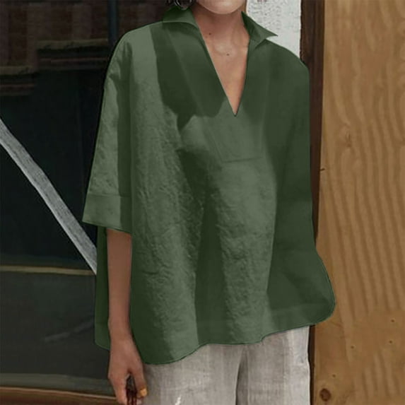 Xqxayjr Womens Casual Shirt Under $5 Summer Tops Oversized Cotton Linen Short Sleeve Plus Size Tshirt V Neck Collared Going Out Blouses Mother's Day Gifts