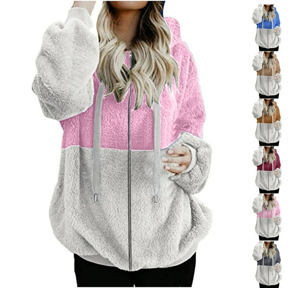 Fashion Fleece Jackets for Womens Winter Warm Plus Size Loose Casual Solid Color Splicing Full Zipper With Pockets Hooded Plush Long Sleeved Jacket Top