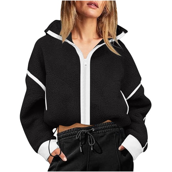 Fashion Fleece Jackets for Womens Winter Warm Plus Size Cropped Fleece Jackets Zip Up Drawstring Waist Color Block Warm Fuzzy Coats