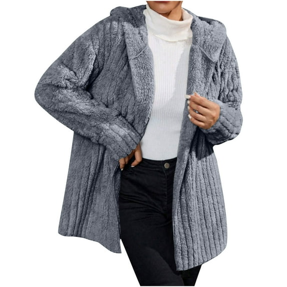 Fashion Fleece Jackets for Womens Winter Warm Plus Size Solid Color Long Sleeved Warm Hooded Jacket Top Jacket