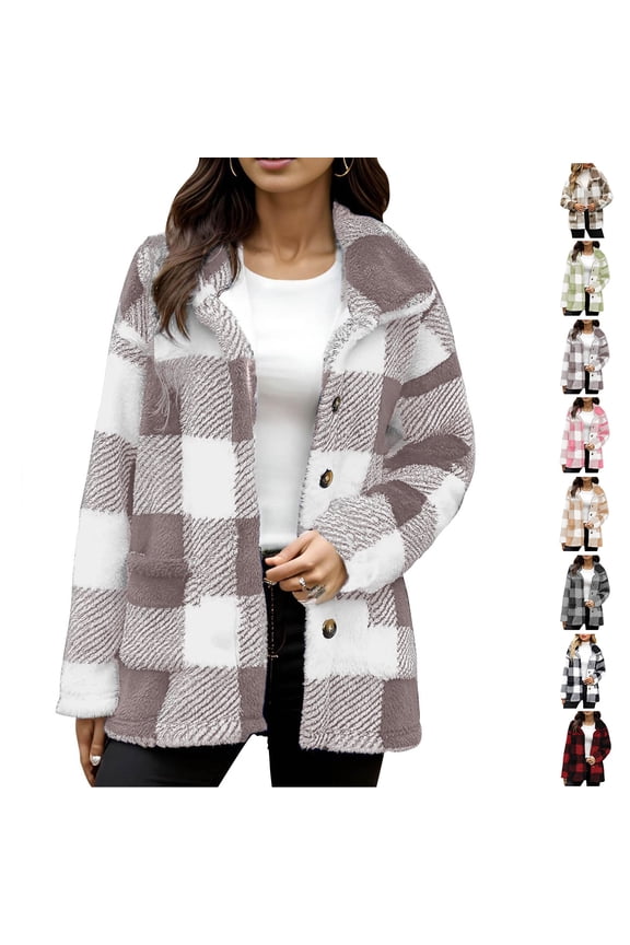 Fashion Fleece Plaid Jackets for Womens Plus Size Solid Color Zipper Pocket Hooded Ear Loose Jacket Long Sleeved Hooded Casual Jacket/jacket