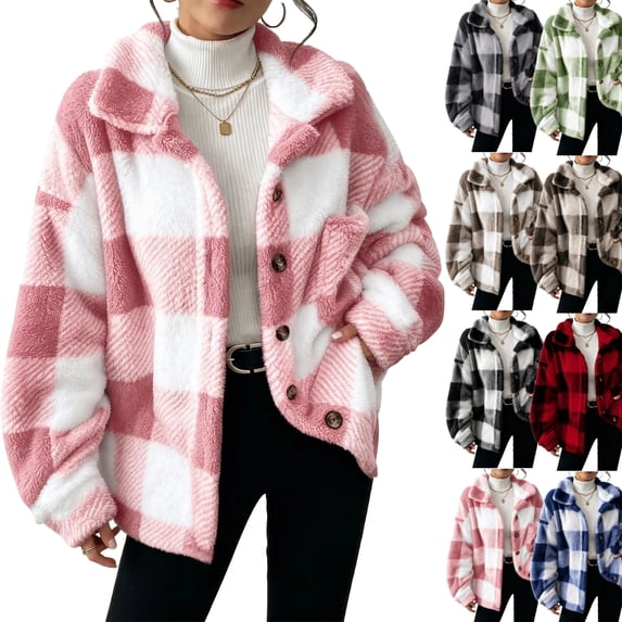 Fashion Fleece Plaid Jackets for Womens Casual Button Turndown Collar Long Sleeve Oversize Jacket Coat